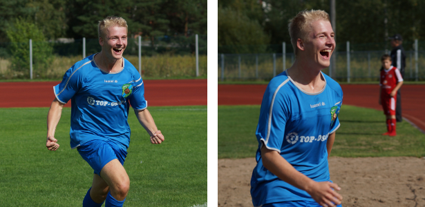 Markus Silvennoinen juoksee juhlimaan maalia kannattajien luo